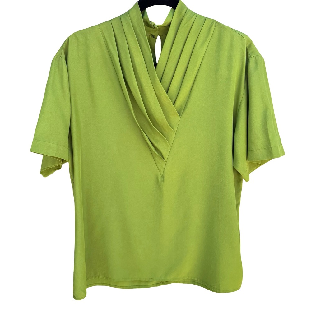 Alexandria Vintage 90s Neon Pleated Draped Keyhole Minimalist Statement Blouse 8